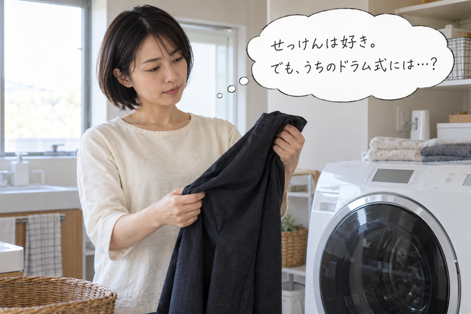 ドラム式洗濯機のそばで黒いズボンを手にして考える女性のイメージ